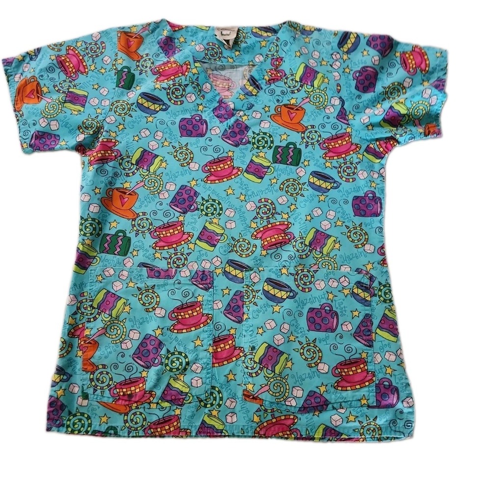 Celebrate Coffee! Teal Pink V-neck Two Pocket 100% Cotton Scrub Cottonality XS